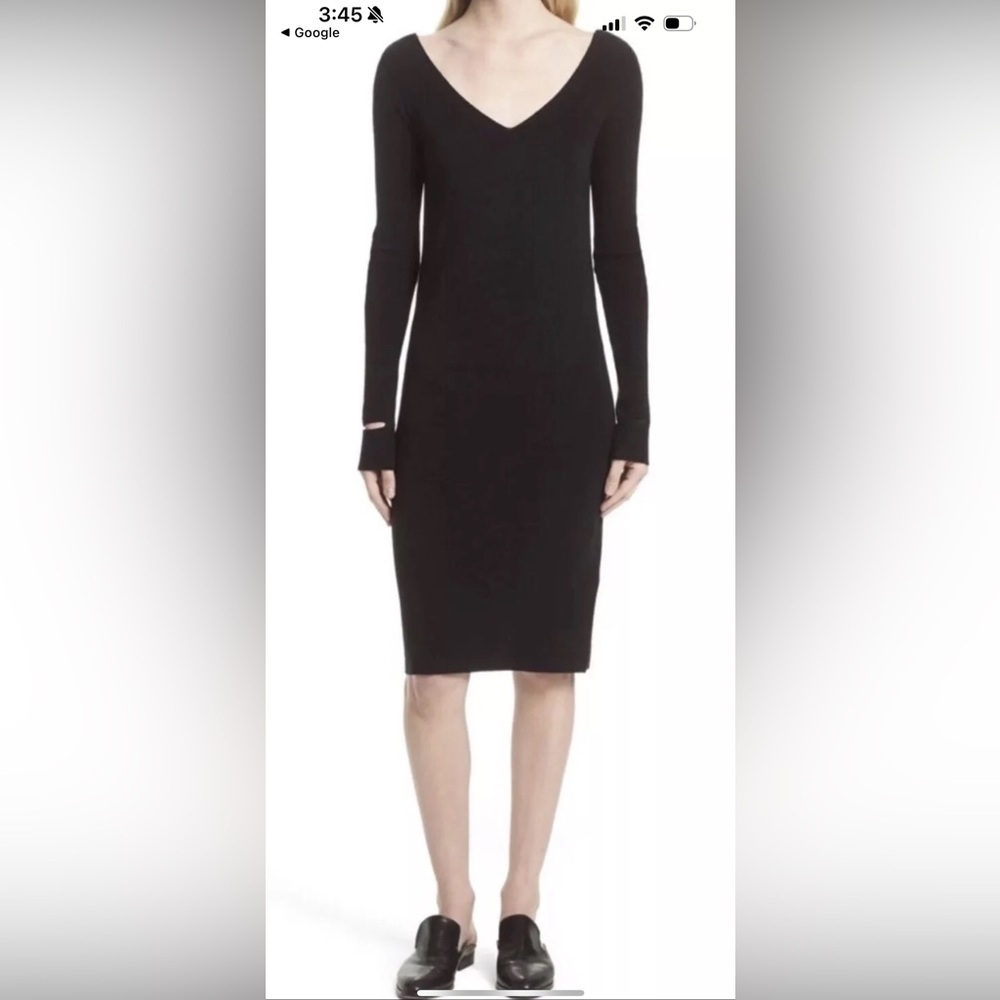 Helmut Lang Wool Black V-Neck Long Sleeve with Cutout Wrist Dress Size XS